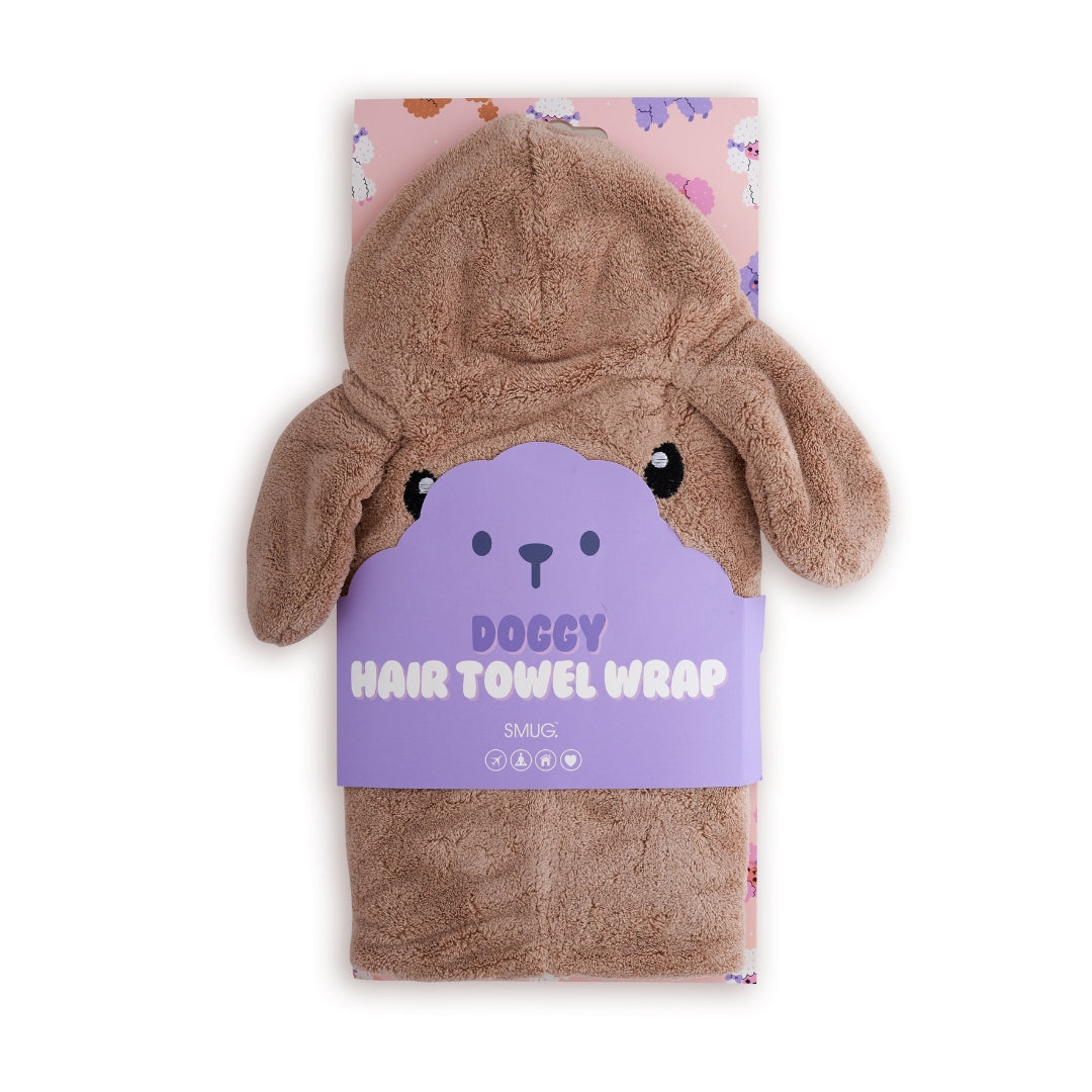 Doggy hair towel wrap with a purple label on a white background