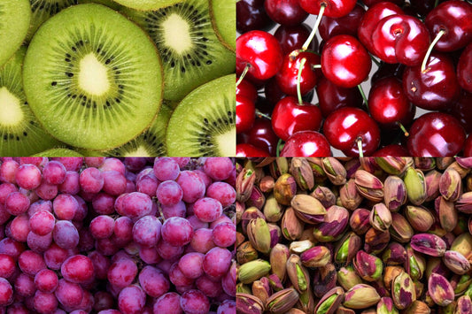 Collage of natural sleep-boosting foods: sliced kiwi fruit, fresh cherries, red grapes, and pistachio nuts—ingredients rich in melatonin for better sleep