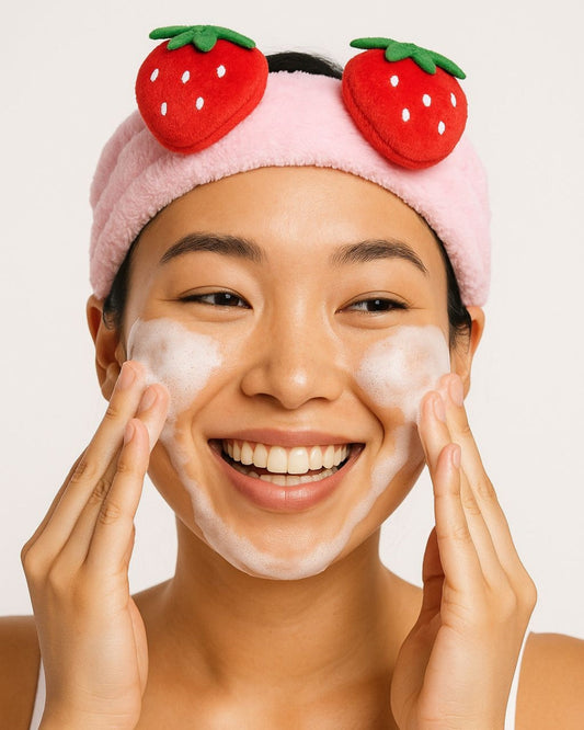Woman wearing spa headband doing skincare routine