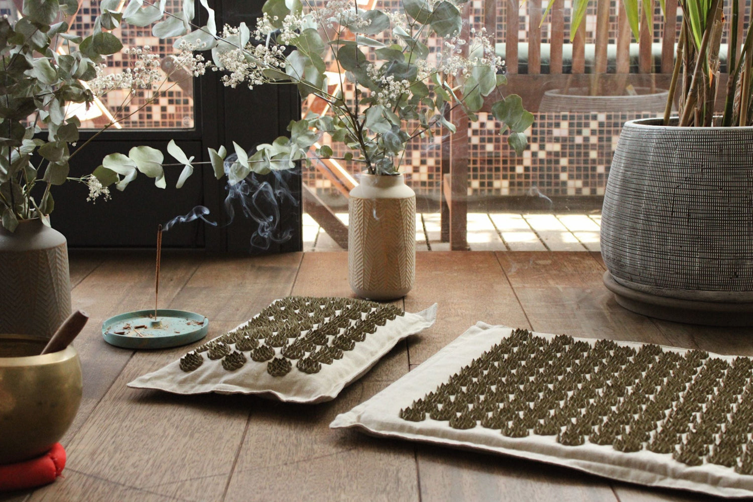 Smug Coconut Acupressure Mat & Pillow in calm earthy room