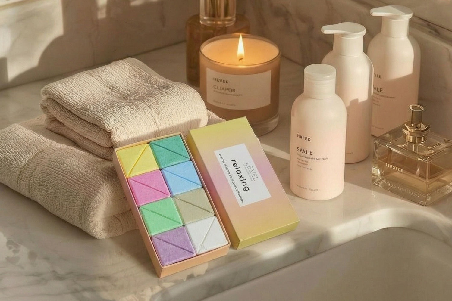 relaxing shower steamers in bathroom setting