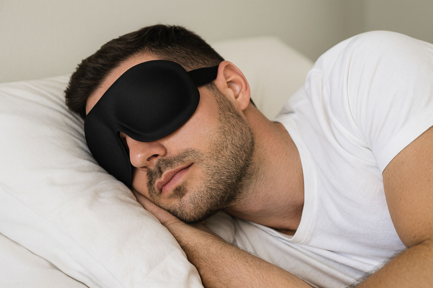 man wearing black satin sleep mask - the perfect gift for him