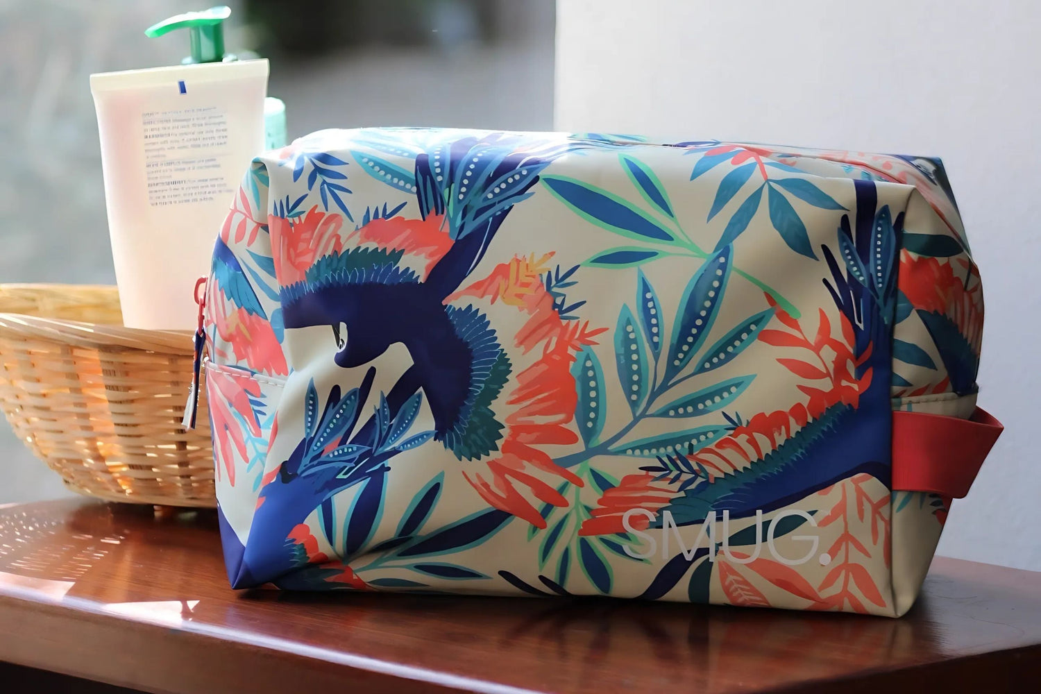 Smug 'Birds' Wash Bag placed on table