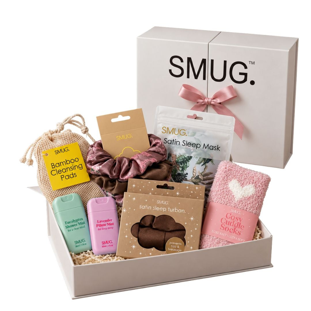 SMUG CLUB BOX Autumn Edition with satin sleep mask, turban, scrunchies, cosy socks, pillow mist, shower mist and cleansing pads
