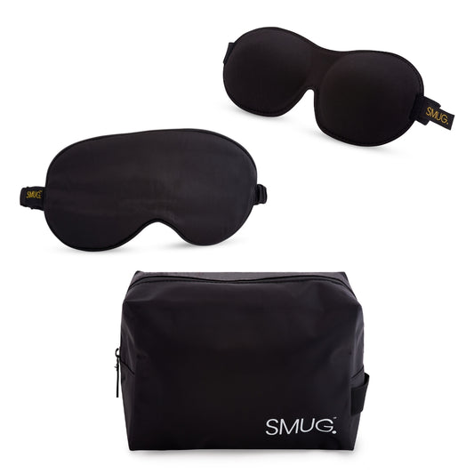 Contoured & Satin Sleep Mask Double Pack & Wash Bag Set- Black