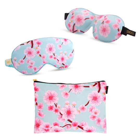 Contoured & Satin Sleep Mask Double Pack & Cherry Blossom Accessories Bag Set - Cherry Blossom Print