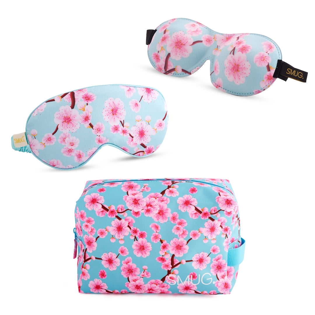 Contoured & Satin Sleep Mask Double Pack & Wash Bag Set- Various Prints