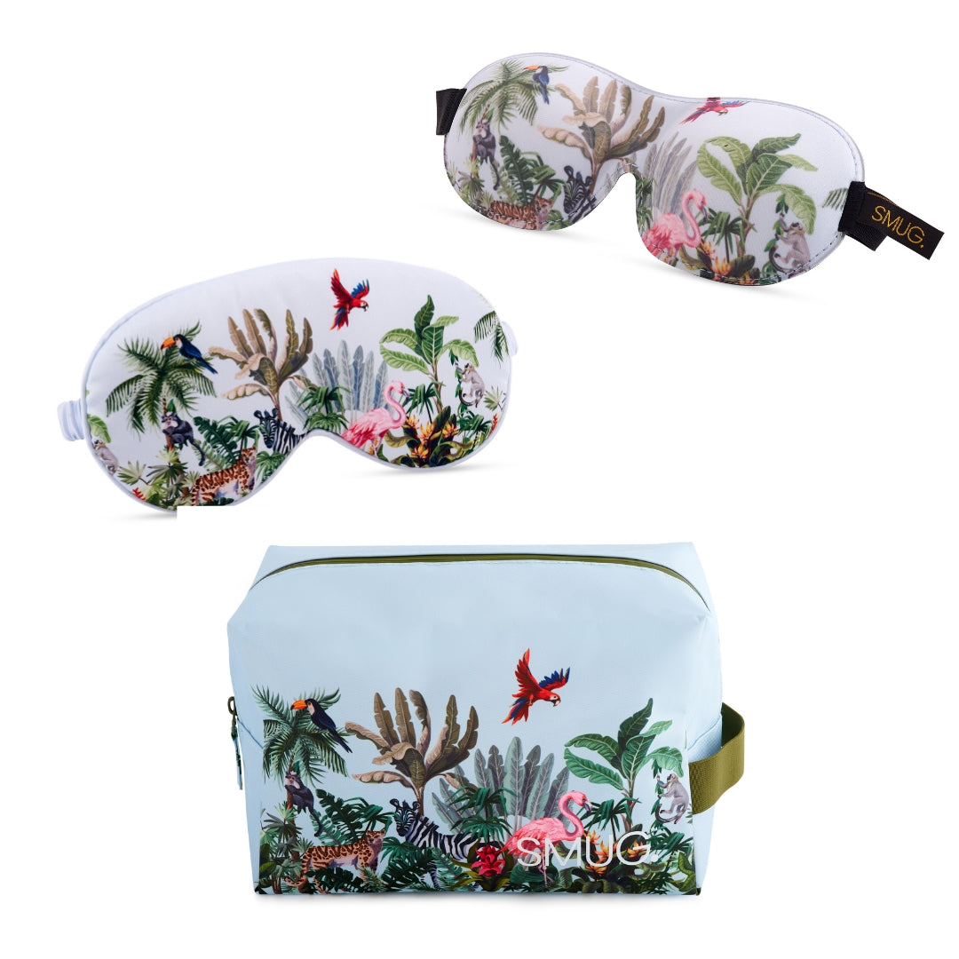 Contoured & Satin Sleep Mask Double Pack & Wash Bag Set- Various Prints