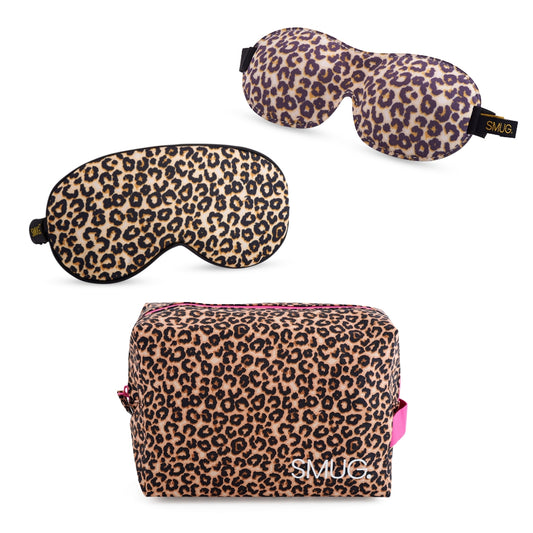 Contoured & Satin Sleep Mask Double Pack & Wash Bag Set- Leopard