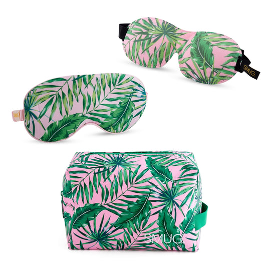 Contoured & Satin Sleep Mask Double Pack & Wash Bag Set- Palm