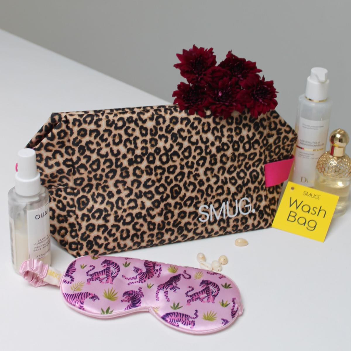 Contoured & Satin Sleep Mask Double Pack & Wash Bag Set- Leopard