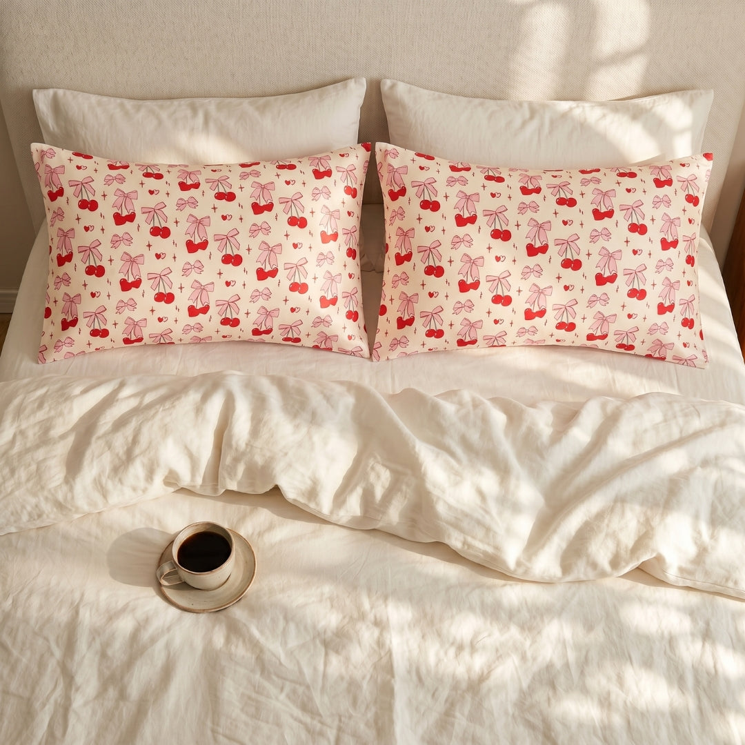Soft Satin Pillowcase Set, Cherry Bows