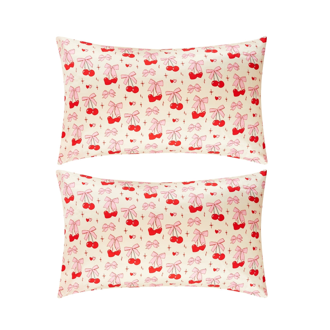 Soft Satin Pillowcase Set, Cherry Bows