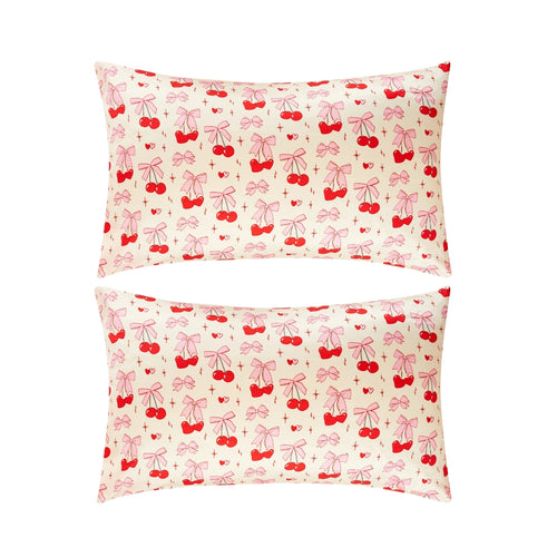 Soft Satin Pillowcase Set, Cherry Bows