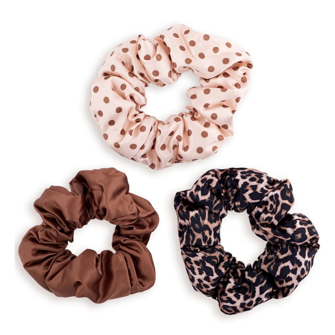 Cloud Satin Hair Scrunchie Set (set of 3) - Chocolate Leopard Polka Dot