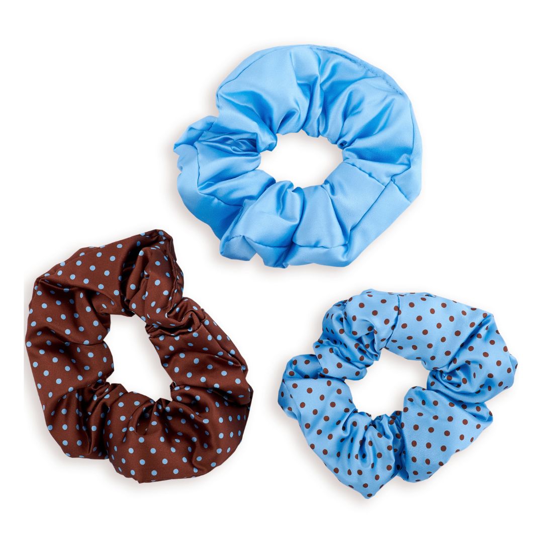 Cloud Satin Hair Scrunchie Set (set of 3) - Mocha Blue Polka Dot