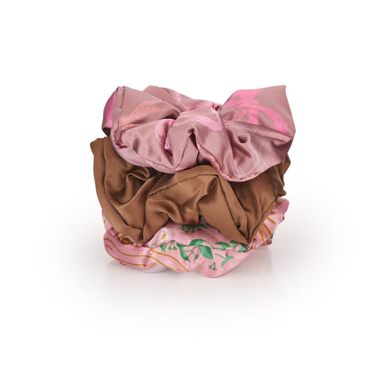 Cloud Satin Hair Scrunchie Set (set of 3) - Mocha Swans