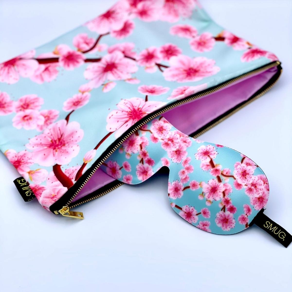 Contoured & Satin Sleep Mask Double Pack & Cherry Blossom Accessory Bag Set - Cherry Blossom Print