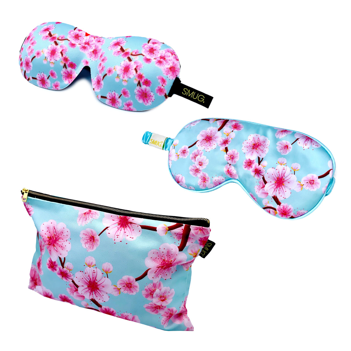 Contoured & Satin Sleep Mask Double Pack & Cherry Blossom Accessory Bag Set - Cherry Blossom Print