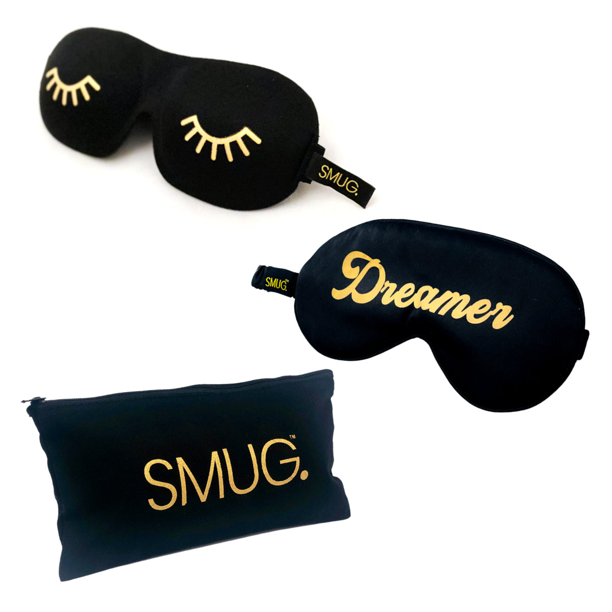 Contoured & Satin Sleep Mask Double Pack & Black Storage Bag Set - Dreamer Print & Wink Print, Black
