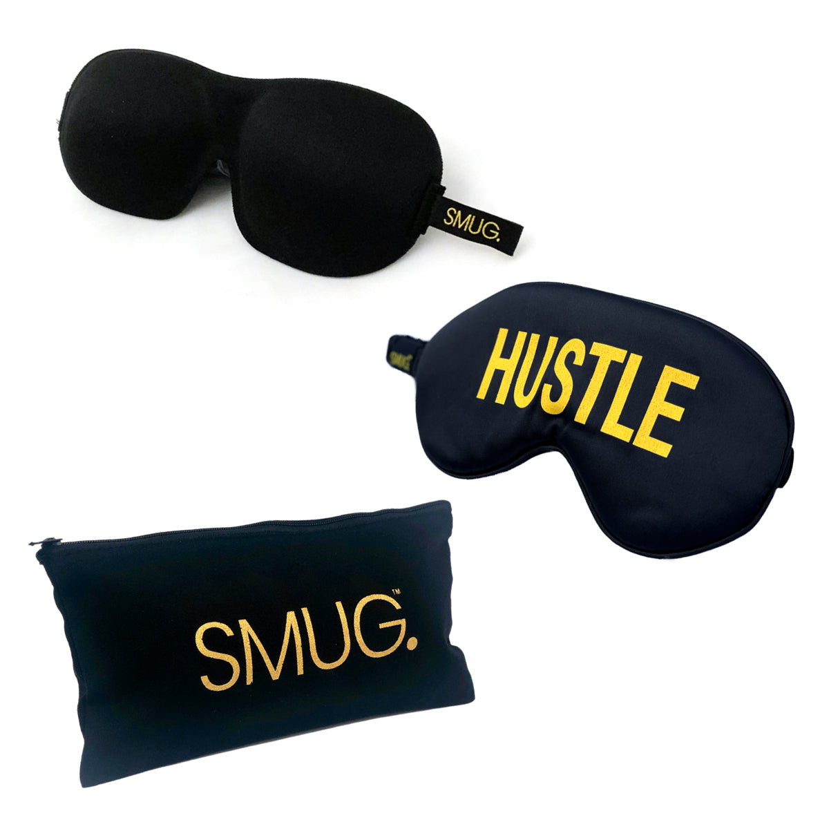 Contoured & Satin Sleep Mask Double Pack & Black Storage Bag Set - Hustle Print & Black